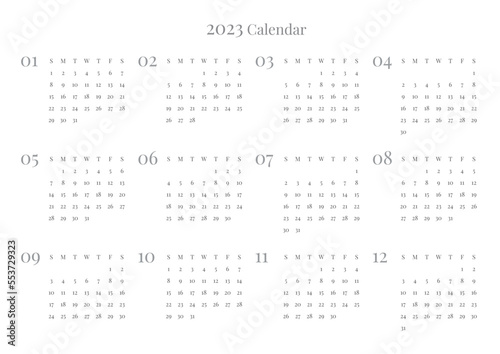 This is a simple style annual planner with a year 12 month calendar for 2023. Note, scheduler, diary, calendar planner document template illustration.