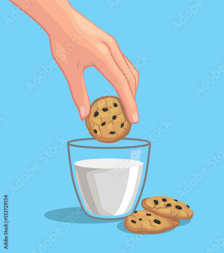 Hand dipping cookies to Glass of fresh milk and two chocolate chip cookies on. Cartoon flat illustration vector in blue background.