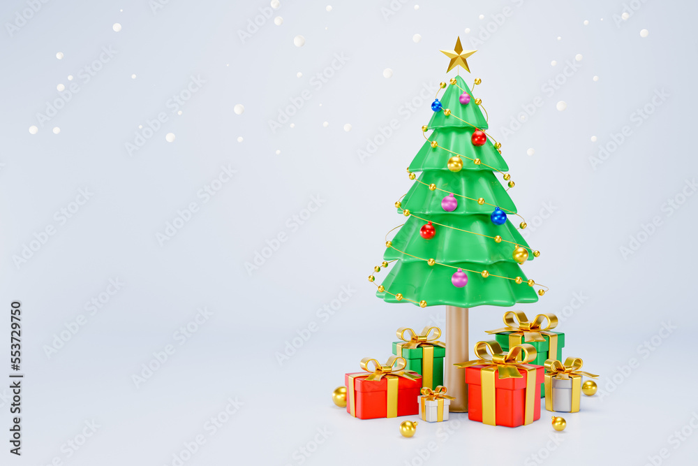 3D Rendering. Celebration concept. The magnificent Christmas tree has many decorations and gift boxes 3d. a festival of boxes of presents. Merry Christmas, Marry New Year, Xmas. Free space