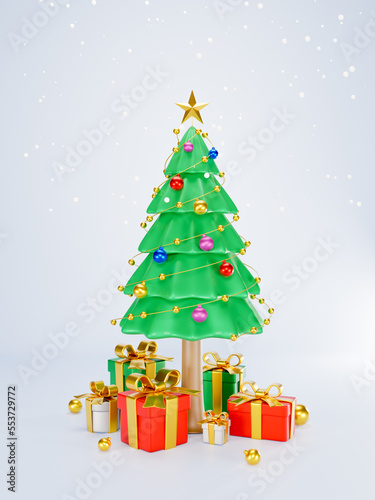 3D Rendering. Celebration concept. The magnificent Christmas tree has many decorations and gift boxes 3d. a festival of boxes of presents. Merry Christmas  Marry New Year  Xmas. Vertical
