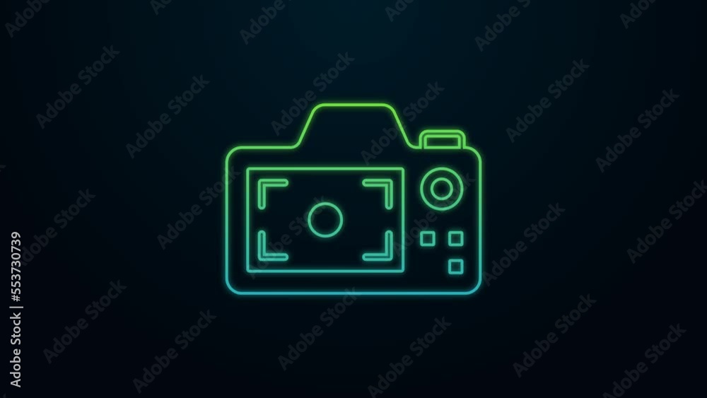 Glowing neon line Photo camera icon isolated on black background. Foto camera. Digital photography. 4K Video motion graphic animation Glowing neon line Photo camera icon isolated on black background. Foto camera. Digital photography. 4K Video motion graphic animation