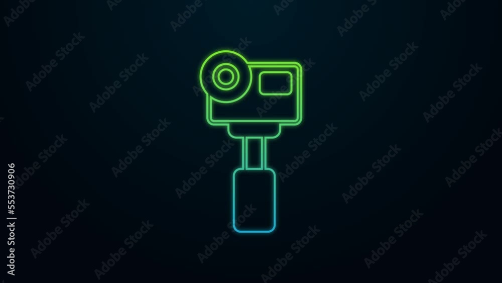 Glowing neon line Action extreme camera icon isolated on black background. Video camera equipment for filming extreme sports. 4K Video motion graphic animation