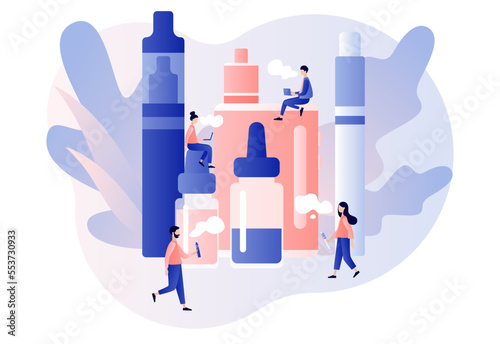Vape Shop. Vaping concept. Electronic cigarette products. Alternative smoking device. Analog nicotine intake. Dangerous addiction. Modern flat cartoon style. Vector illustration on white background