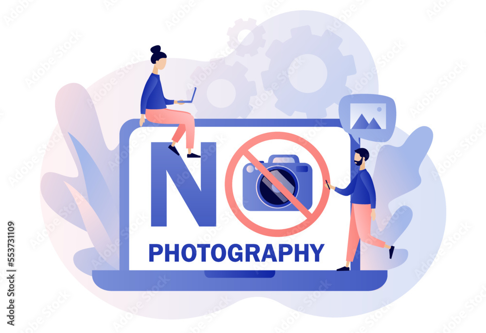 No photography icon. Red sign No camera on laptop screen. No pictures. Modern flat cartoon style. Vector illustration on white background No photography icon. Red sign No camera on laptop screen. No pictures. Modern flat cartoon style. Vector illustration on white background