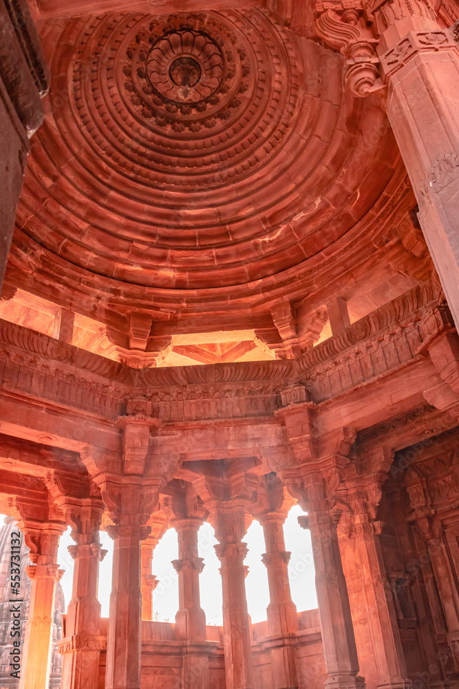 ancient hindu temple dome inside architecture from unique angle at day
