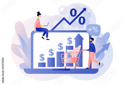 Inflation in economy. Rising food prices. Unstable prediction online financial problems. Crisis concept. Modern flat cartoon style. Vector illustration on white background
