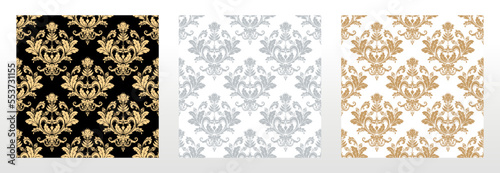 Wallpapers in the style of Baroque. Seamless vector backgrounds. Set of colored floral ornaments. Graphic patterns for fabric, wallpaper, packaging. Ornate Damask flower ornaments