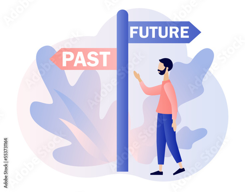 Past and future concept. Tiny man choice between past and future. Business alternative. Move forward metaphor. Modern flat cartoon style. Vector illustration on white background