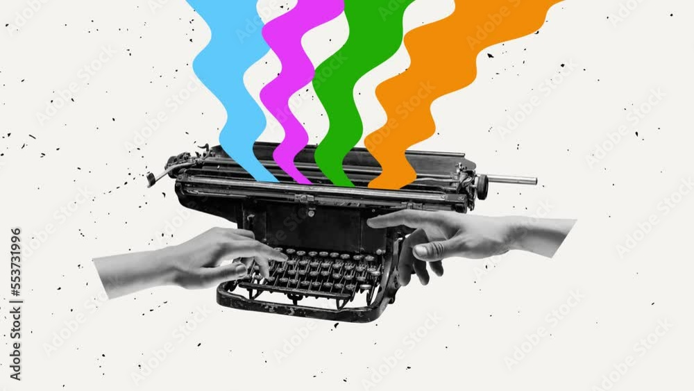 Stop motion, animation. Female hand typing on retro typewriter. Vintage, retro 80s, 70s style. Bright colors.