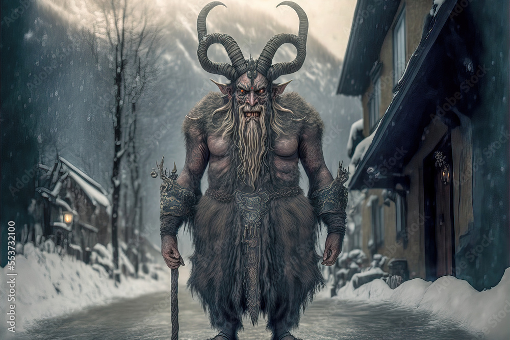 Fototapeta premium Krampus Krampusbrauch Schimmelreiter Krampuslauf in Bayern Österreich Tschchien Erstellt durch Generative AI AI Art Digital Art Illustration