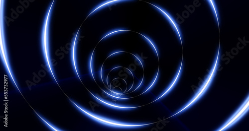 Tunnel of round blue glowing bright neon rings. Abstract background