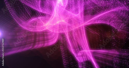 Abstract background of waves of purple pink futuristic hi-tech grains of sand waves of dots pixel particles flying with glow effect with rays of light and blur, screensaver