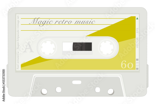 Vector drawing of music audio cassette for record player. Vintage analog tape cassette stylization. 