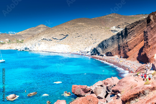 Santorini, Greece, 11 June 2022: The volcanic beach of Akrotiri
