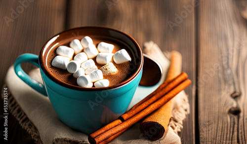 professional food photography close up of a cup of hot chocolate with marshmallows in it, on a wooden table - AI Generated