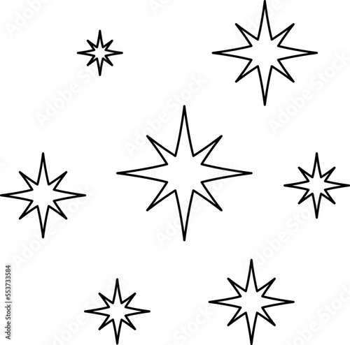 Black line sparkles symbol. Vector stars sparkle icon. Bright firework, decoration twinkle, shiny flash. Glowing light effect.