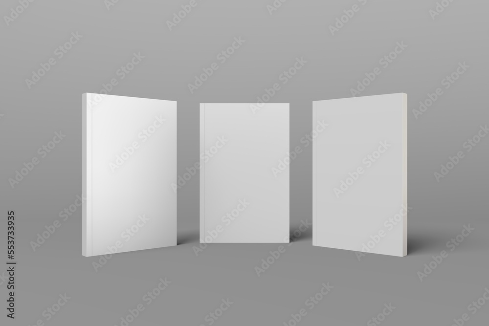 3 book models standing upright on a gray background. 3d realistic render soft cover book mockup. Mockup of book with white cover on isolated background. 3 book models standing upright on a gray background. 3d realistic render soft cover book mockup. Mockup of book with white cover on isolated background.