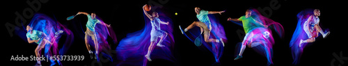 Collage. Tennis, football and basketball athletes training, playing isolated over black background in neon with mixed lights. Development of movements photo