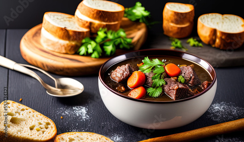 professional food photography close up of a a bowl of beef stew with bread on the side - AI Generated 