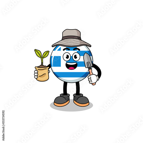 Illustration of greece flag cartoon holding a plant seed