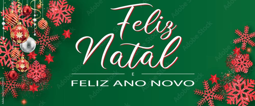 cartão ou banner para desejar um feliz natal e um feliz ano novo em branco sobre fundo vermelho e em cada lado de flocos de neve, purpurina e bolas de natal em vermelho, branco e dourado