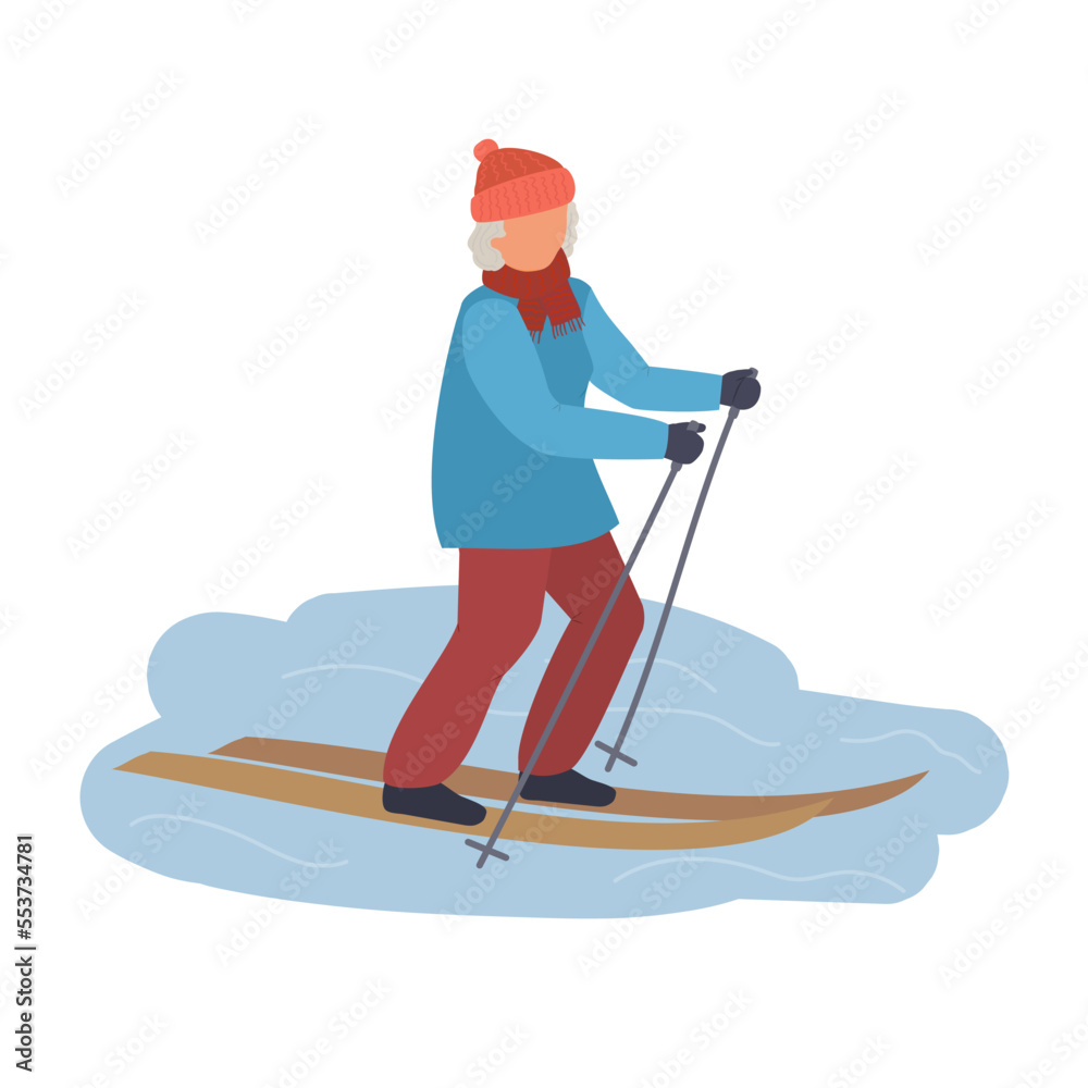 Older woman skiing. Elderly female winter activity. Old lady healthy lifestyle.