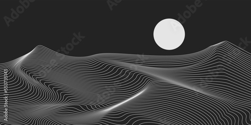 black and white line desert and moon background