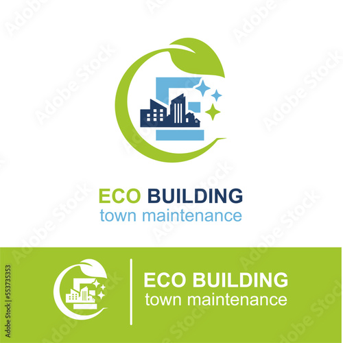 Initial E Letter Eco Building Town Maintenance Building Exterior Company Logo Design Idea Template. Home and Building Cleaning Service