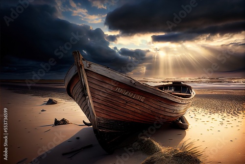 An old wrecked fishing boat rides on a deserted beach. An abandoned wooden boat. Generative AI