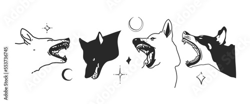 Hand drawn vector abstract graphic illustration with logo element, gothic evil muzzle dog head line set in simple style for branding,isolated. Retro y2k 2000 design concept silhouette. Dog portrait.