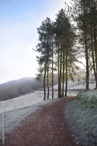 the clent hills covered in frost and ice at the start of a cold winter in the west midlands photo