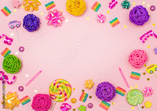 Colorful birthday party background border with copy space.