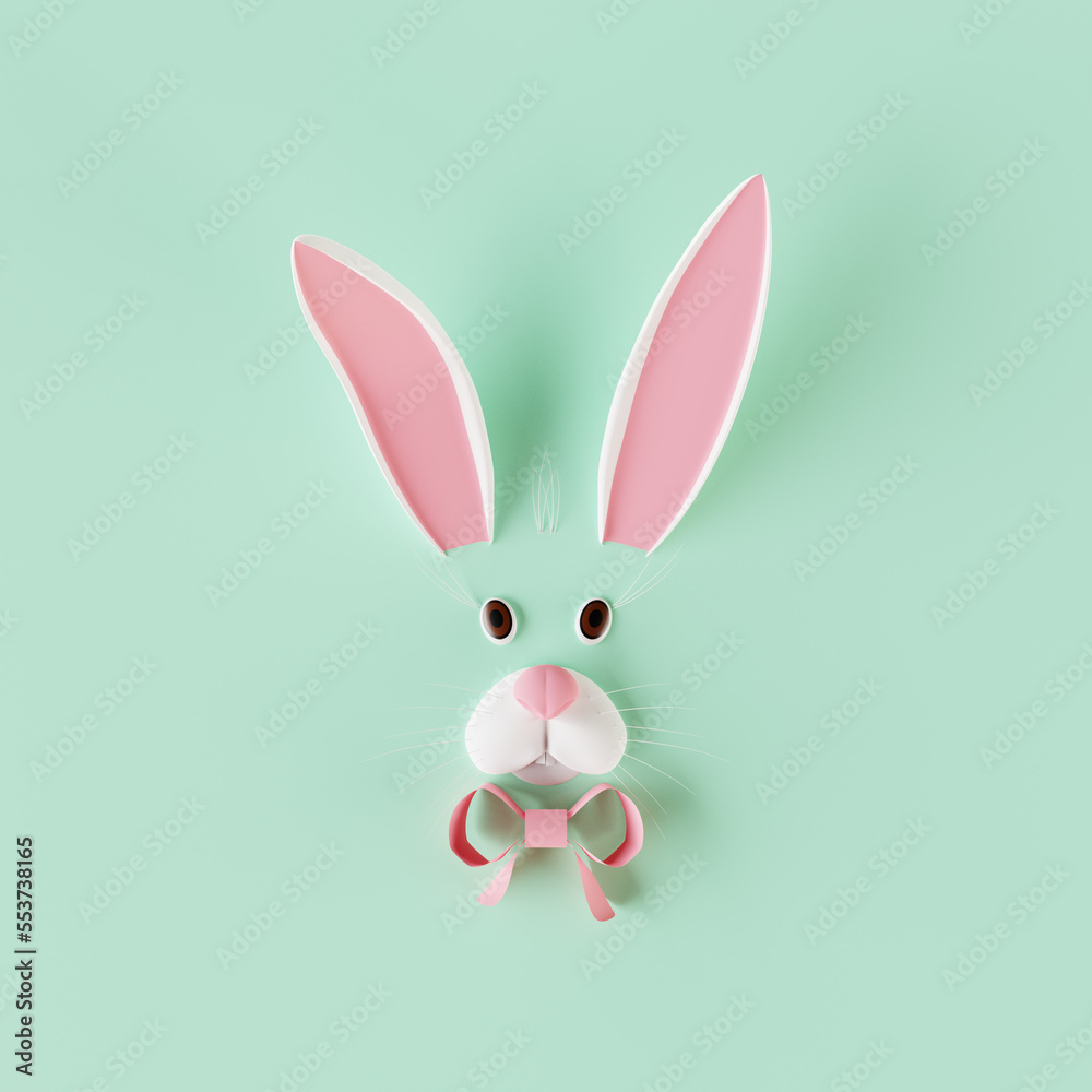 Happy Easter greeting card with white Easter Bunny face on green background. 3D render Happy Easter greeting card with white Easter Bunny face on green background. 3D render