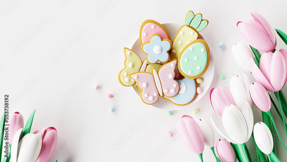 Easter gingerbread cookies and tulips on pink background. 3D render
