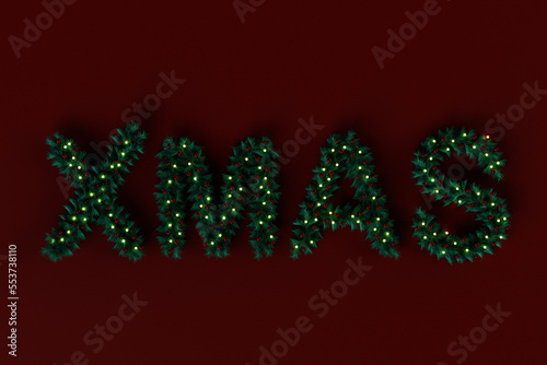 Word Xmas made of pine branches and decorated lights on green background. 3D render photo