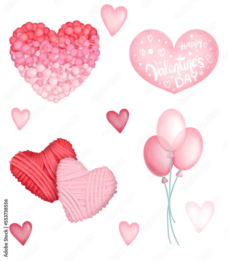 Set of cute pink illustrations to Valentine's Day (pink air balloons, hearts), isolated illustrations 