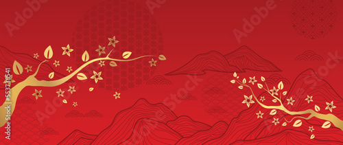 Oriental Japanese and Chinese luxury style pattern background vector. Gold oriental botanical leaf branch with chinese pattern line art red background. Design illustration for wallpaper, card, poster.