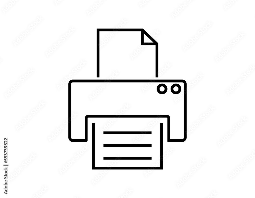 Printer icon with paper. Concept of printing with ink in equipment isolated on white background Printer icon with paper. Concept of printing with ink in equipment isolated on white background