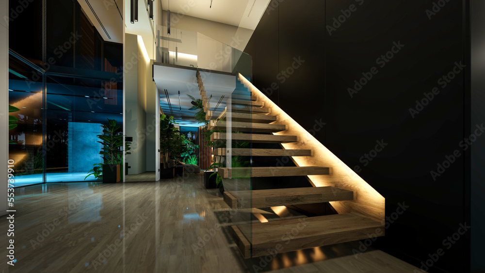 3d rendering of modern cozy interior with living,dining zone stair and kitchen for sale or rent with wood plank by the sea in night. Warm interior lighting combined with cold light from night street - obrazy, fototapety, plakaty 