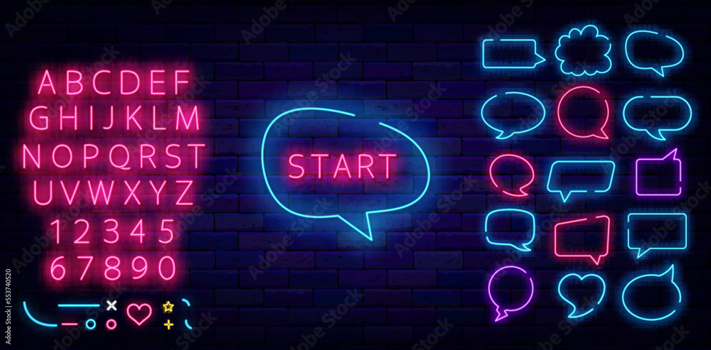 Start neon sign in blue speech bubble. Game design. Label for casino, talk show. Vector stock illustration