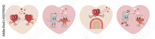 Groovy lovely hearts stickers. Love concept. Happy Valentines day. Funky happy heart character in trendy retro 60s 70s cartoon style. Vector illustration in pink red colors.