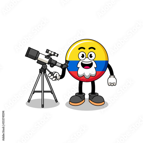 Illustration of colombia flag mascot as an astronomer