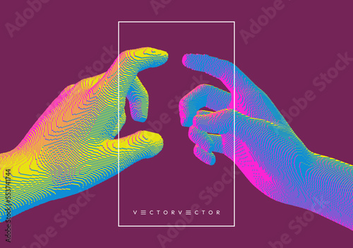 Two hands try to reach each other's fingers. Concept of human relation, togetherness or partnership. Voxel art. Abstract surrealism and minimalism. 3D illustration for advertising or presentation.