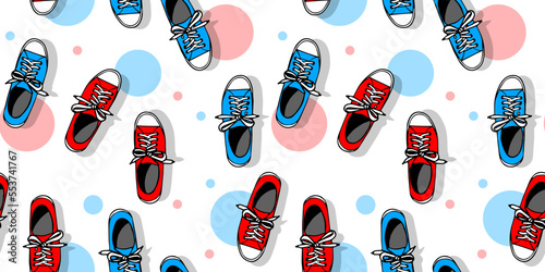 Vector horizontal illustration of blue and red retro sneakers on white color background with spot. Design of vintage seamless pattern with footwear