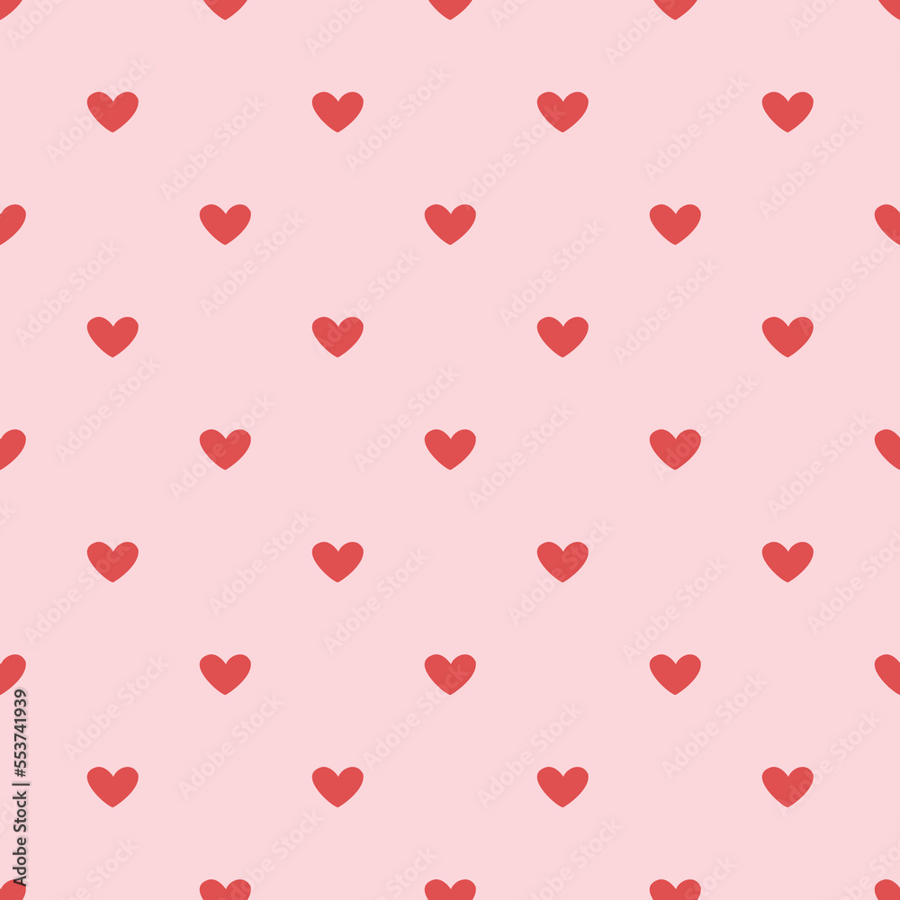 Vector valentines day seamless pattern with red hearts on pink background