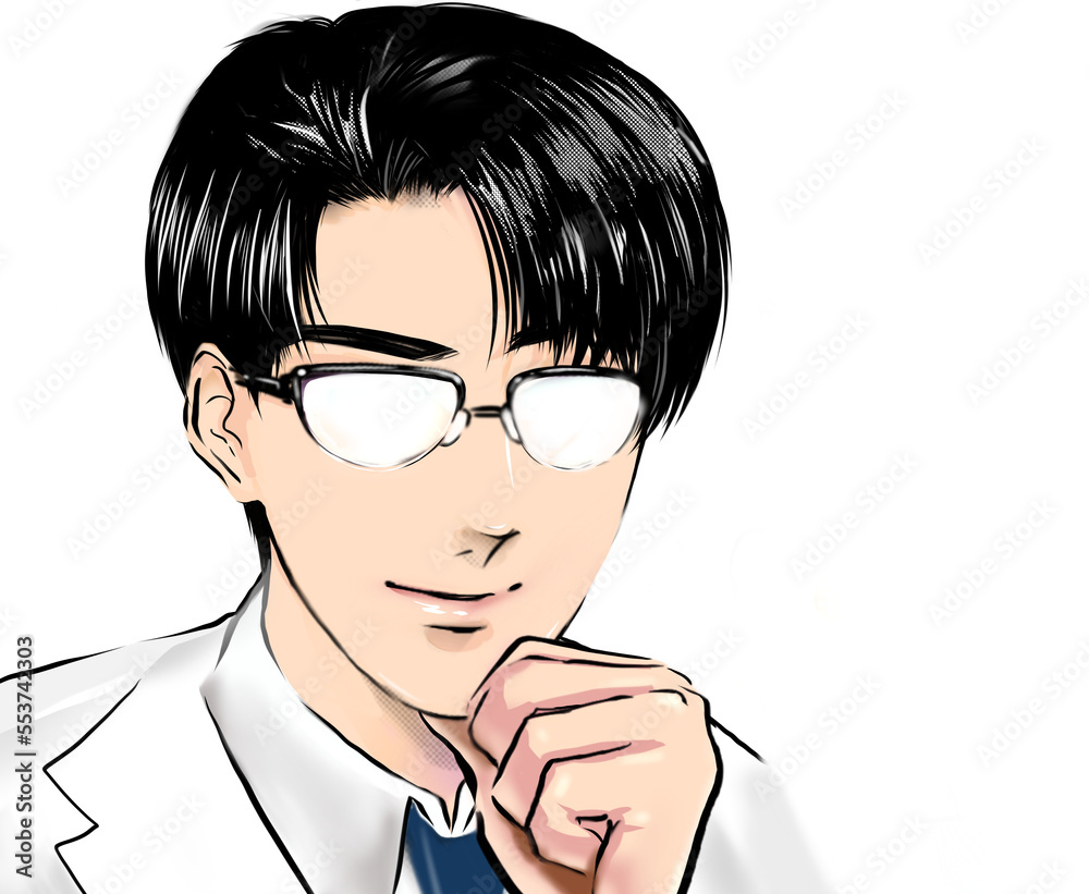 何かを予期し余裕な笑みを浮かべる黒髪イケメンアジア人医師のカラー漫画風イラスト	