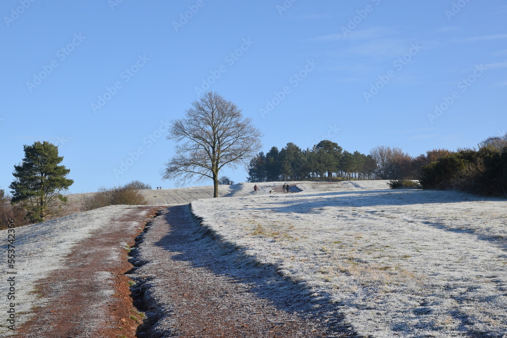 the clent hills covered in frost and ice at the start of a cold winter in the west midlands