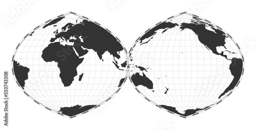 Vector world map in quartic authalic projection, interrupted into two hemispheres. Geographical map with latitude and longitude lines, centered at 120 degrees W longitude.