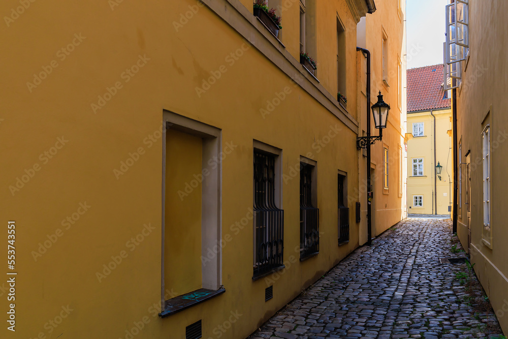 Narrow city street of European tourist cozy city. Background with selective focus and copy space