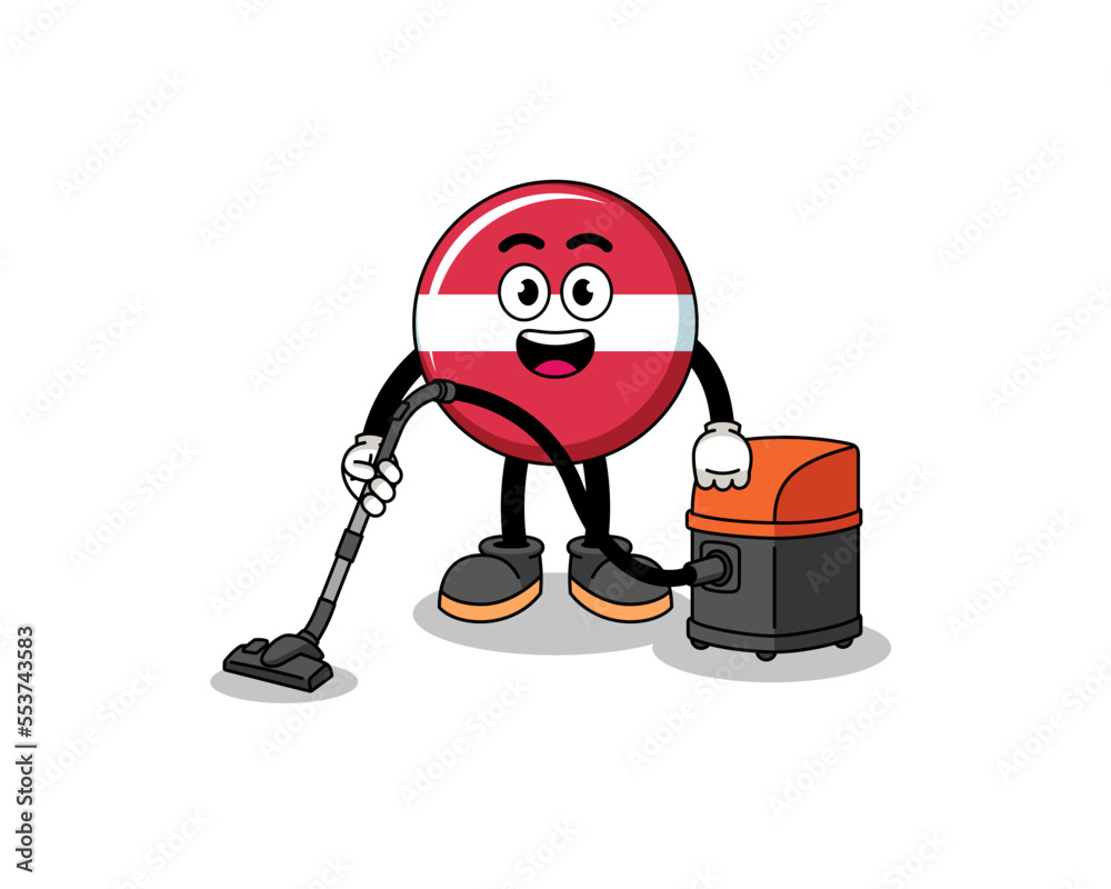 Character mascot of latvia flag holding vacuum cleaner Character mascot of latvia flag holding vacuum cleaner